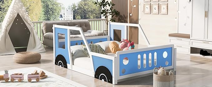 Full Size Classic Car-Shaped Platform Bed with Wheels, 77.4" L x 57.2" W x 26.5" H Blue