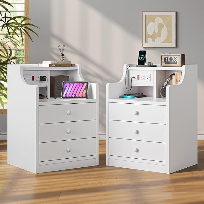ADORNEVE Night Stand Set 2,White Nightstand with Charging Station & Hutch,Night Stands for Bedrooms Set of 2,Bedside Table with Drawers