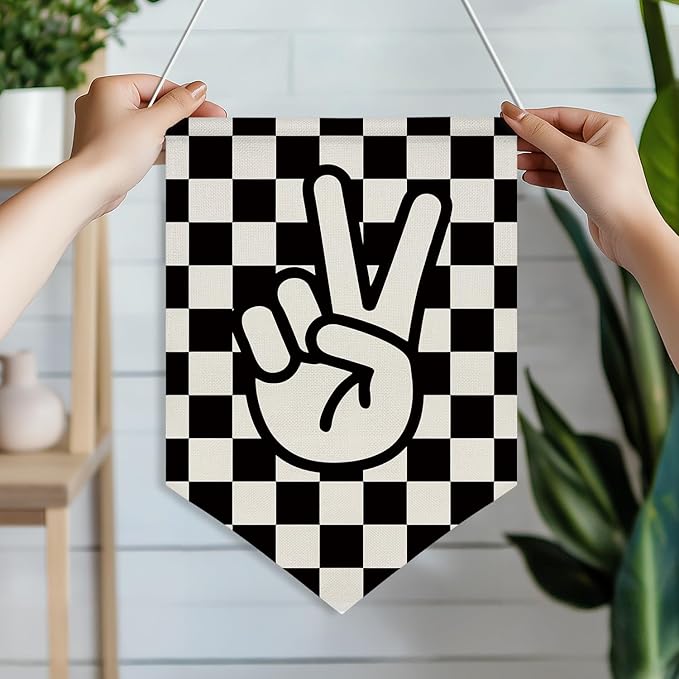 Peace Sign Wall Hanging Banner,Black and White Checkered Canvas Flag for Boys Room, Teen Room, Cool Skateboard Vibes Poster Decor, Retro Hand Gesture Hanging Sign 11x16inch(KD28)