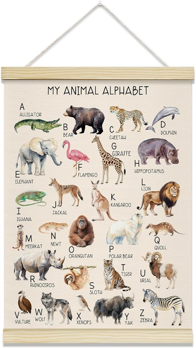 TRKAE Animal Alphabet Canvas Poster Hanger Frame, Classroom ABC Wall Art, Toddler Educational Wall Decor for Nursery Preschool Kids Room -029