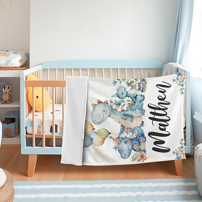Personalized Baby Name Blanket for Boy Girl, Soft Flannel Blanket with Double Layer Dotted Backing for Infant Newborn, Nursery Crib with Dinosaur Design, Customized Gifts for New Mom(60" x80)