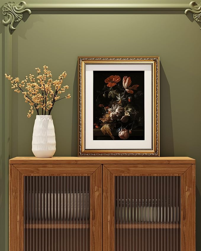 ARPEOTCY Vintage Gold Framed Wall Art, Retro Still life Floral Flowers in a Bowl Canvas Prints Artwork with Antique Frame, Victorian Wall Paintings Decor for Living Room Gallery, 13x16 inch