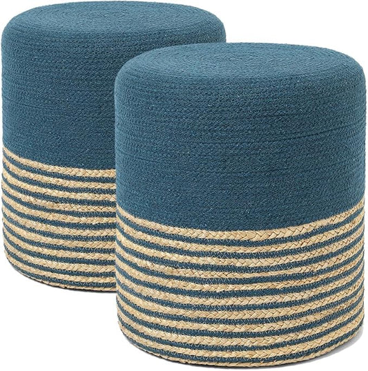 REDEARTH · Cylindrical Pouf Foot Stool Ottoman - Jute Braided Pouffe Poof Accent Sitting Footrest for Living Room, Bedroom, Nursery, Patio, Lounge Set of 2 (Teal Natural, 14.5"X14.5"X16")