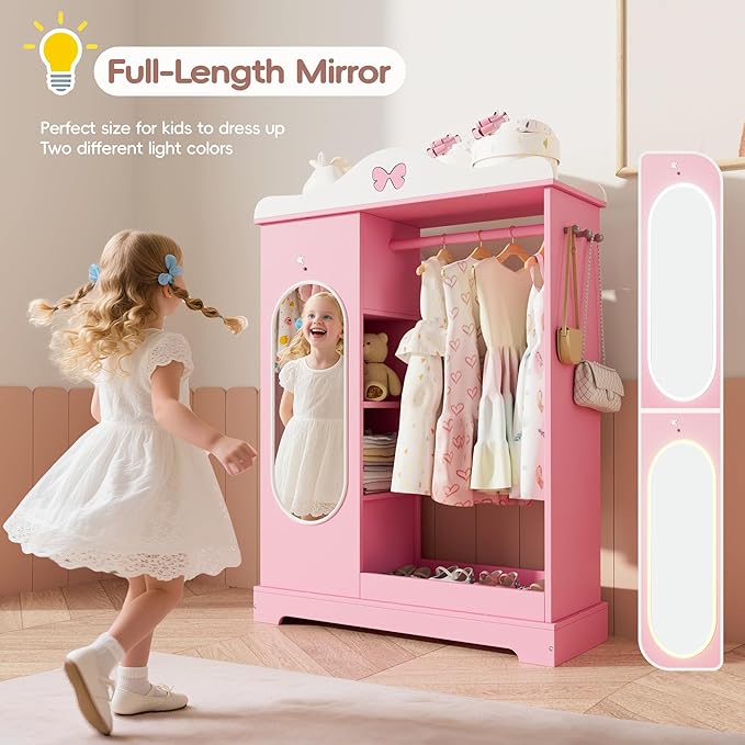 Kids Armoire with Jewelry Cabinet, Kids Dress Up Storage wth Shelves, Girls Wardrode Costume Organizer with Mirror, Children Closet with Armoire for Bedroom, Kid Room, Girls (Pink)