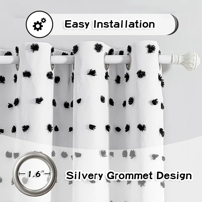 MYSKY HOME 100% Blackout Curtains for Bedroom Total Light Blocking Curtains 84 Inch Long Room Darkening 2 Panels Grommet Double Layer Curtains Privacy Window Drapes with Black Pom Pom Sheer 52" x 84"