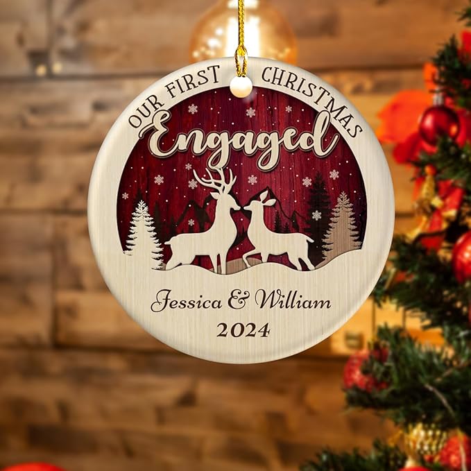 wowcugi Personalized First Christmas Engaged Ornament Personalized Reindeer Couple Ceramic Ornaments Engagement Ornament Wedding Keepsake Gifts for Newlywed Xmas Tree Decorations