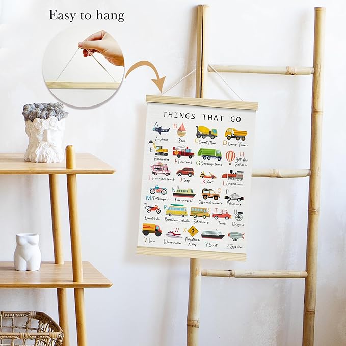 TRKAE Car Alphabet Canvas Poster Hanger Frame, Classroom ABC Wall Art, Toddler Educational Wall Decor for Nursery Preschool Kids Room -027