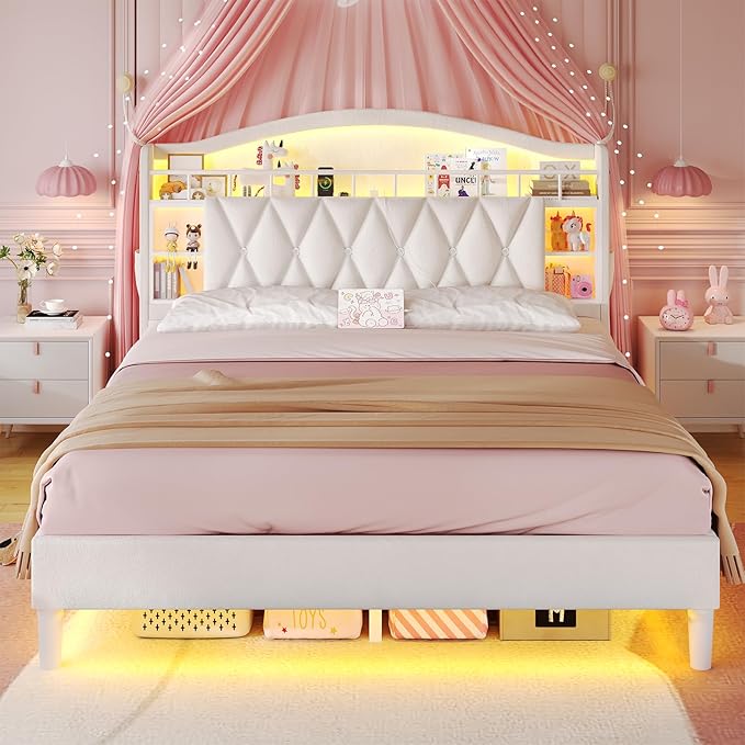 ADORNEVE Queen Bed Frame with LED Lights, Princess Velvet Upholstered Platform Bed for Girls, Headboard with Charging Station & Guardrail & Crystal Button, No Box Spring Needed, Beige
