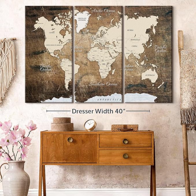 ElephantStock Aged Brown World Map I Wall Art - 3 Piece Canvas World Map Wall Decor - Ready-to-Hang Canvas Print - Vintage Wall Art - 57" X 36"