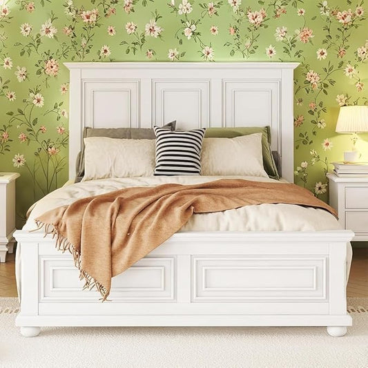 MERITLINE Vintage Farmhouse Bed Frame Queen,Solid Wood Mid Century Modern Rustic Bed Frame with Headboard and Footboard,No Box Spring Needed (White,Queen)