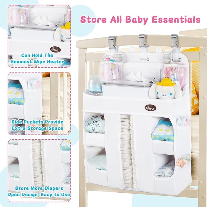HHZ XL Hanging Diaper Caddy Organizer –Sturdy and Durable Baby Organizer – Diaper Stacker for Changing Table, Crib, Playard or Wall & Nursery Organization （White）