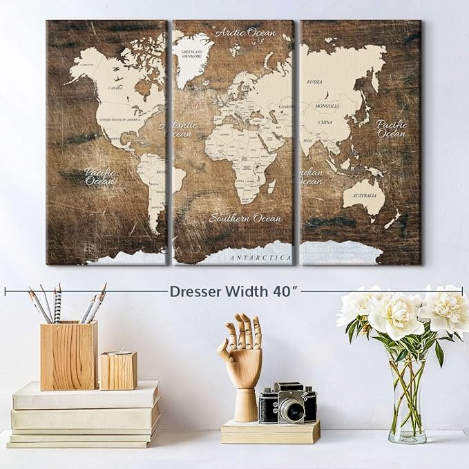 ElephantStock Aged Brown World Map I Wall Art - 3 Piece Canvas World Map Wall Decor - Ready-to-Hang Canvas Print - Vintage Wall Art - 33" X 20"