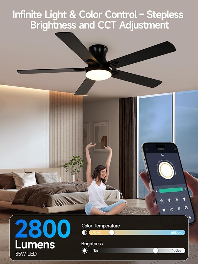 52 Inch Ceiling Fans with Lights, RGB Ceiling Fan with Remote and App,Flush Mount Low Profile, Dimmable 35W LED, Reversible, Smart Ceiling Fan for Bedroom Nursery Living Room Apartment,Black