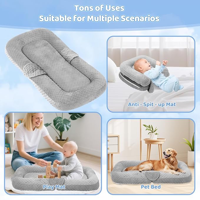 Baby Lounger Pillow- Portable Baby Lounger for Newborn, 0-24 Months,3-in-1 Baby Nest for Home and Travel, Foldable & Soft, CPC Certification Newborn Babies Essentials Gifts, Grey