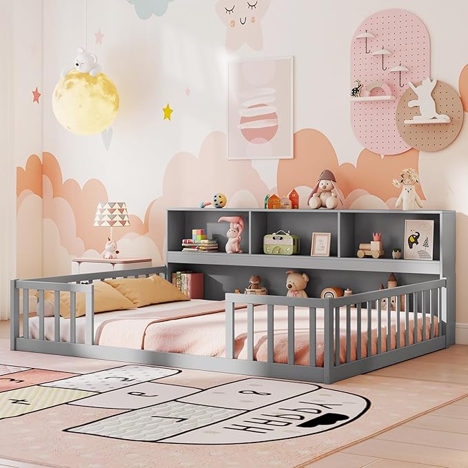 Giantex Full Size Floor Bed for Kids, Wooden Montessori Bed Frame with Bookcase, Storage Shelves & Safety Fence Rails, Floor Beds Full for Girls, Boys, No Box Spring Needed, Without Slats, Grey