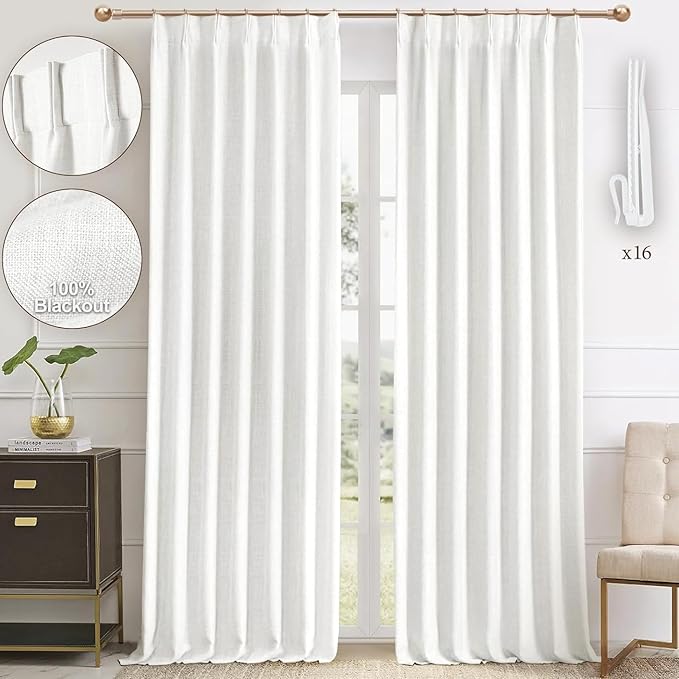 Pinch Pleated Rayon Blend Blackout Curtains for Bedroom - Ivory Full Black Out Curtains 90 Inch 2 Panels Set for Living Room Darkening Thermal Window Curtain Drapes with 16pc Hooks