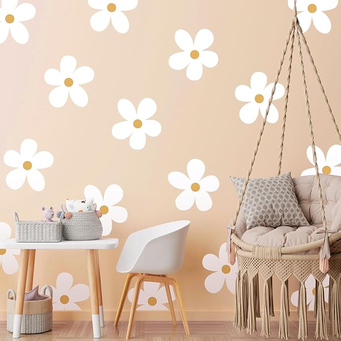 TaoBary 12 Sheets Daisy Wall Decal Flower Wall Sticker Cute Daisy Sticker Pink White Flower Decal Peel and Stick Floral Wallpaper for Nursery Bedroom Home Decor(White, Yellow,Charming Style)