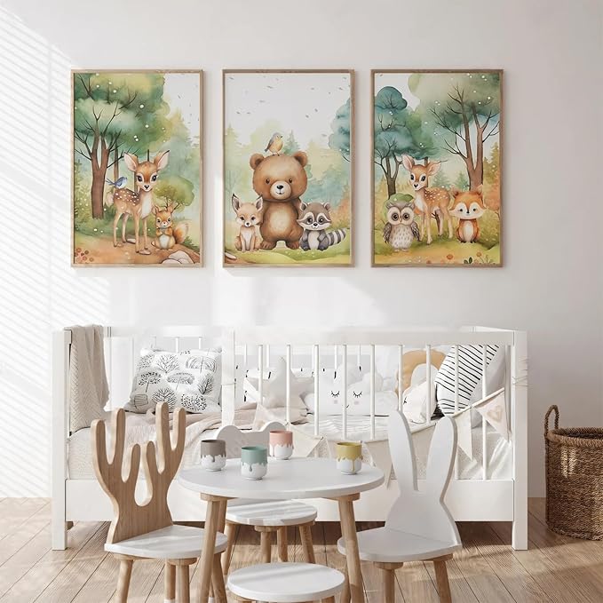 3Pcs Woodland Animal Nursery Wall Art Forest Animal Wall Decor Cute Watercolor Deer Bear Fox Poster Canvas Prints Paintings Pictures Artwork for Kids Baby Bedroom Decor Unframed Poster 16X24in