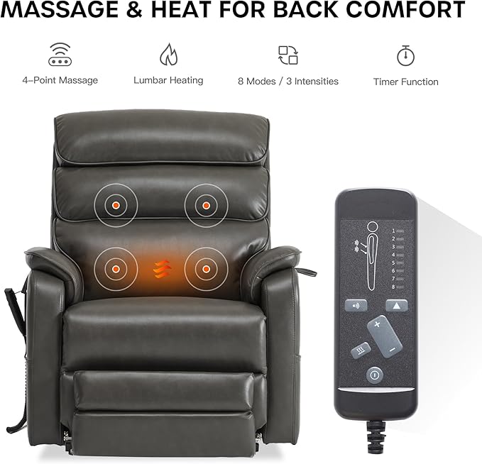 DYNOX 350 LBS Tall Man Power Dual Motor Lift Recliners Chairs for Elderly Lay Flat Lift Chair with Infinite Positions, Heat & Massage, Supports(9198L,Faux Leather,Grey)