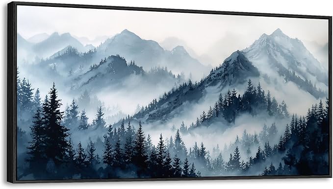 Large Framed Blue Gray Misty Forest Wall Art for Living Room, Watercolor Landscape Nature Canvas Print Paintings Artwork for Walls, Modern Foggy Mountains & Pine Forest Pictures for Home Decor 28"x58"