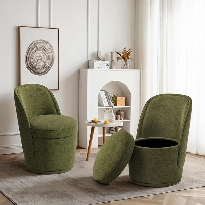 Swivel Accent Chair Set of 2, 360° Swivel Round Chair with Hidden Storage, Modern Small Barrel Armchair for Living Room/Bedroom, Green