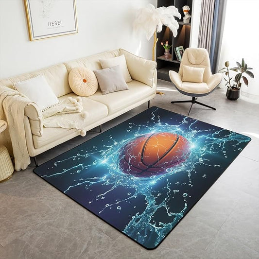 jejeloiu Basketball Area Rug 4x5 Sports Theme Living Room Rugs for Bedroom Soft Kids 3D Ball Decorative Carpet Inside Entryway Accent Rug Floor