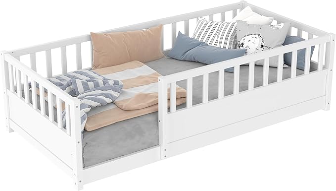 Bellemave Kids Montessori Floor Bed,Twin Size Floor Bed with High Fence and Door,Twin Bed Frame with Guardrails for Kids,Girls,Boys,Twin,White