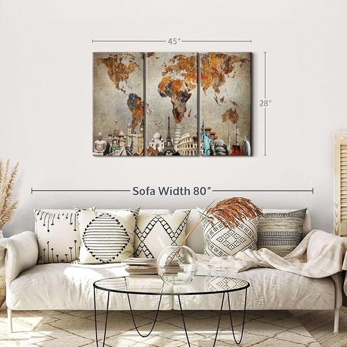 ElephantStock Rusty World Map Multi Piece Canvas - 3 Piece Canvas World Map Wall Decor - Wall Decor - Ready-to-Hang Print - Vintage Wall Art - 45" X 28"