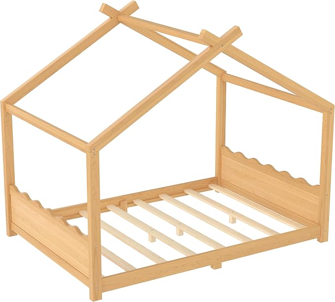 Full Size Wooden House Floor Bed - Kids Bed Frame with Roof & Support Slats for Bedroom, No Box Spring Needed, Easy Assembly (Natural)