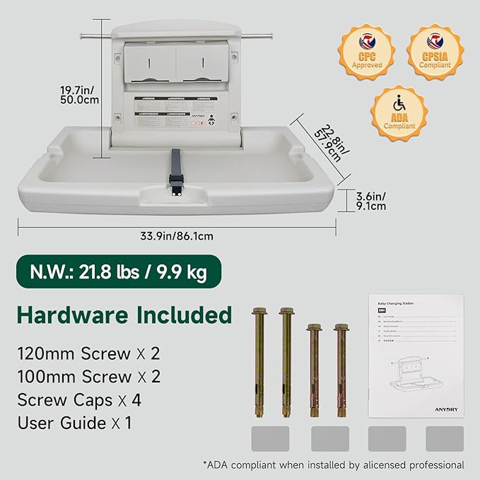 Durable Wall-Mounted Baby Changing Station, Heavy-Duty Design with Safety Straps, Fold-Up Space Saver, in Elegant Grayish White
