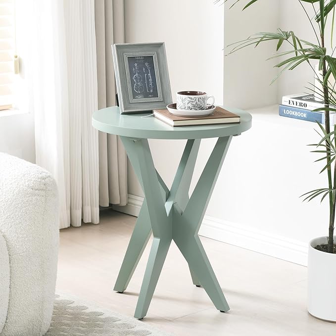Modern Round End Table Set of 2 with Crossed Legs, Unique Small Green Side Table, Outdoor Accent Table, Easy Assembly Bedside Table for Living Room, Balcony, Small Spaces