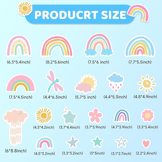 Rainbow Wall Decal Glow in The Dark, Small Watercolor Heart Star Flower Stickers for Girls Room, Kids Boys Baby Nursery Decor