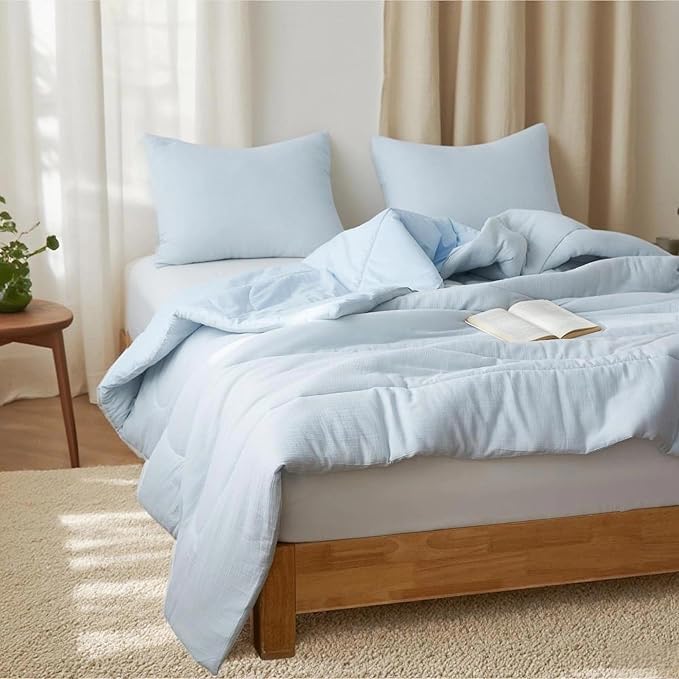 Simple&Opulence 100% Cotton Muslin Comforter Set Twin Size, 2PCS Washed Cotton Gauze Comforter, Soft Lightweight All Seasons Bedding Sets with 1 Pillow Sham(Light Blue,Twin)