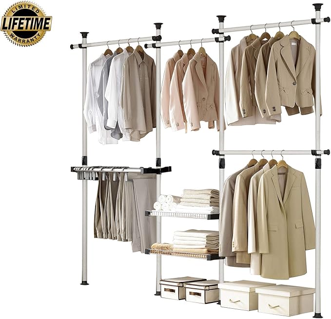 Prince Hanger Deluxe Pants & Shelf Hanger Heavy Duty One Touch Load 880LBS Clothing Racks for Hanging Clothes Metal Wardrobe Closet Garment Tension Rod Freestanding Ivory Height Adjustable PHUS-0052