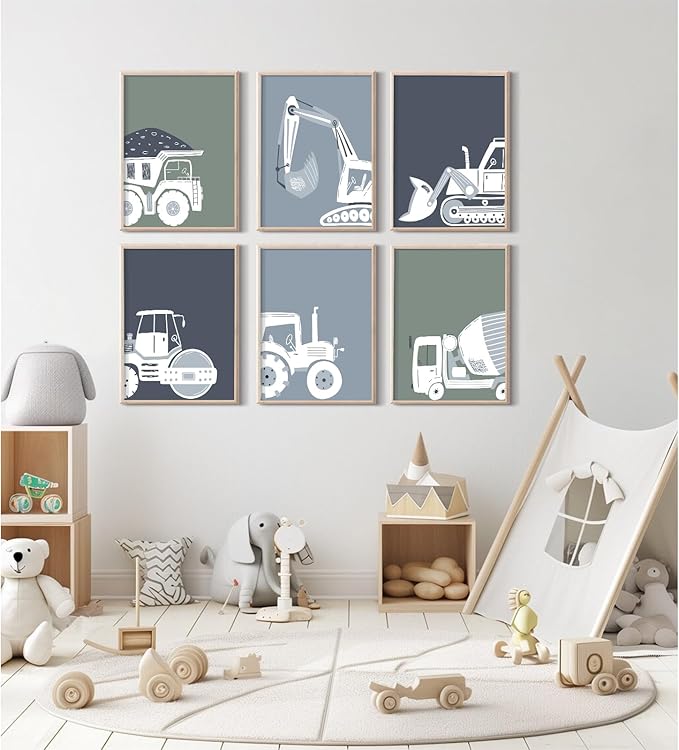 Pouydmi Construction Truck Wall Art Nursery Canvas Wall Decor Boys Room Wall Art Kids Car Posters Toddler Prints Nursery Artwork Excavator Tractor Pictures for Playroom Bedroom 12x16x6 Inch Unframed