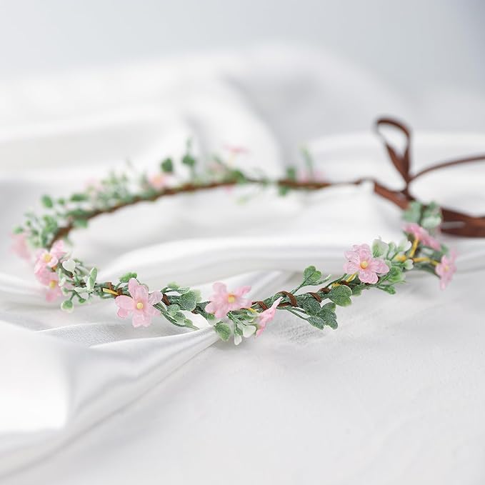 Handmade Pink Flower Crown Girls Hair Wreath Bridal Flower Headband Green leaf Headpiece Floral Hair Accessories for Weeding Birthday Party Cosplay