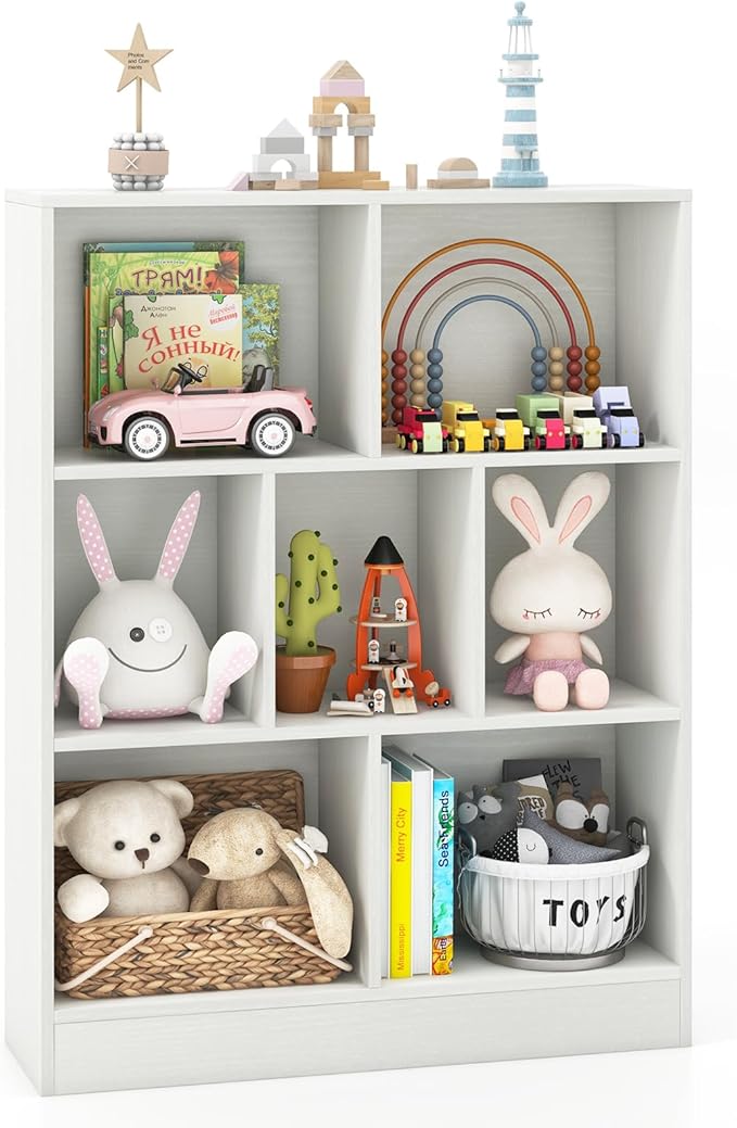 Costzon 7-Cube Bookshelf for Kids, Wooden Toy Storage Organizer w/ 2 Anti-Toppling Kits, 3 Tier Open Shelves & Non-Slip Foot Pads, Montessori Toy Shelf for Kids Rooms, Playroom, Classroom, Nursery