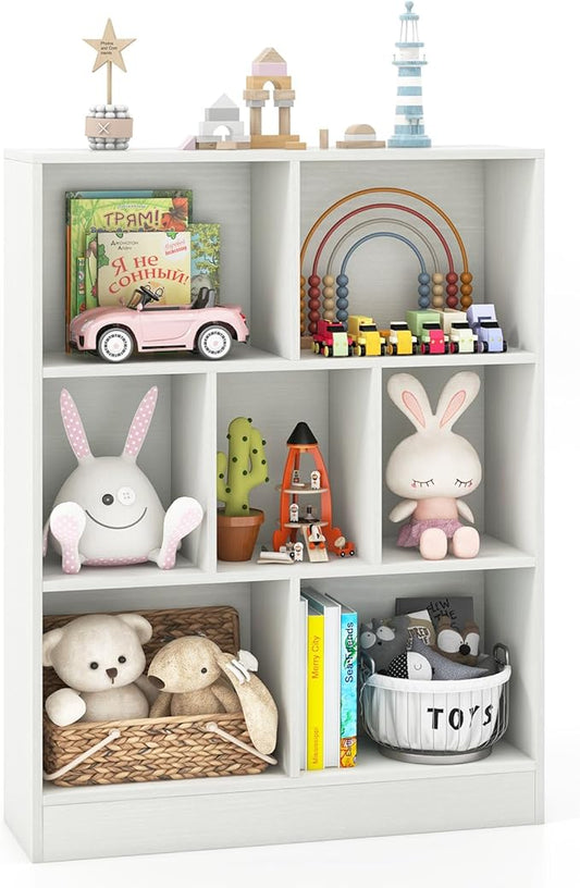 Costzon 7-Cube Bookshelf for Kids, Wooden Toy Storage Organizer w/ 2 Anti-Toppling Kits, 3 Tier Open Shelves & Non-Slip Foot Pads, Montessori Toy Shelf for Kids Rooms, Playroom, Classroom, Nursery