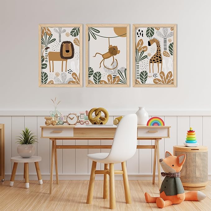 YWJKWLGS Kids Safari Animal Wall Decor, 3 Piece Nursery Art for Baby Room 16"x24" Jungle Theme Cute Lion Monkey Giraffe Prints Sign Wood Framed for Children's Room Toddler Bedroom Decoration (Wood)