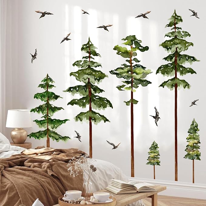 Large Pine Tree Wall Stickers Green Trees Wall Decals Peel and Stick Watercolor Birds Nature Giant Trees Decor Woodland Forest Sticker Green Tree Stickers for Living Room Bedroom Home Decor