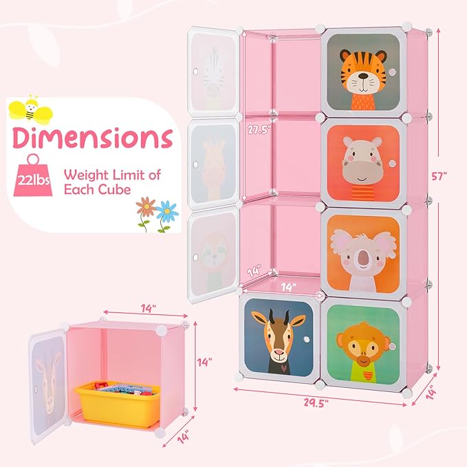 HONEY JOY Kids Wardrobe Closet, Baby Cartoon Clothes Storage Organizer, 8 Cubes & 2 Hanging Sections, Portable Children DIY Modular Bedroom Armoire Dresser Cabinet for Boys Girls (Pink, 8-Cube)
