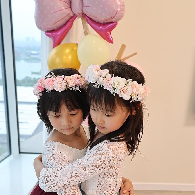 Flower Crown for Girls Birthday Party Children Floral Headpiece Kids Headband Wedding Holo Hair Accessories Photo Prop Soft Pink Headband