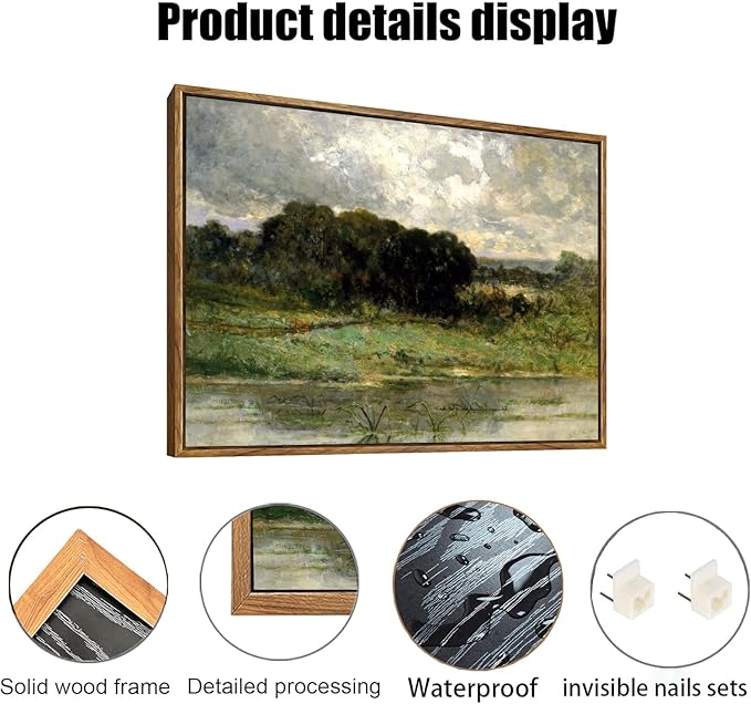 OIQArtOIQ Framed Vintage Landscape Wall Art Lake Natural Scenery Oil Painting Canvas Prints Country Farmhouse Decor Aesthetic Pictures for Kitchen Bedroom Living Room Bathroom
