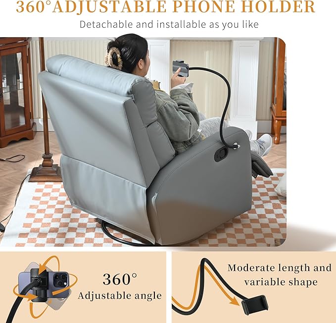 Swivel Rocker Recliner Chair for Nursery, Upholstered 360° Leather-air Glider Rocking Chair with Phone Holder, Manual Small Recliners for Small Spaces Living Room