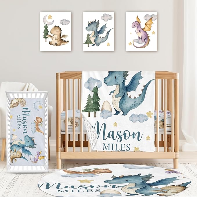 Custom Baby Crib Bedding Set,Personalized Name Blue Dinosaur Pattern Nursery Bed Set 4 Piece,Baby Blanket Fitted Sheet Nursery Rug Wall Art Set,Custom Room Decor Idea Gift for Newborns Boys Girls
