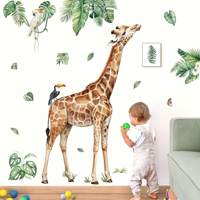decalmile Large Jungle Giraffe Wall Decals Jungle Animals Tropical Leaves Wall Stickers Baby Nursery Kids Room Playroom Wall Decor