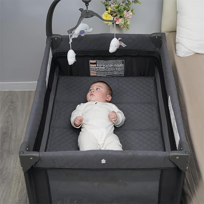 Pamo Babe Portable Baby Playard with Bassinet and Changing Table & Toy Mobile