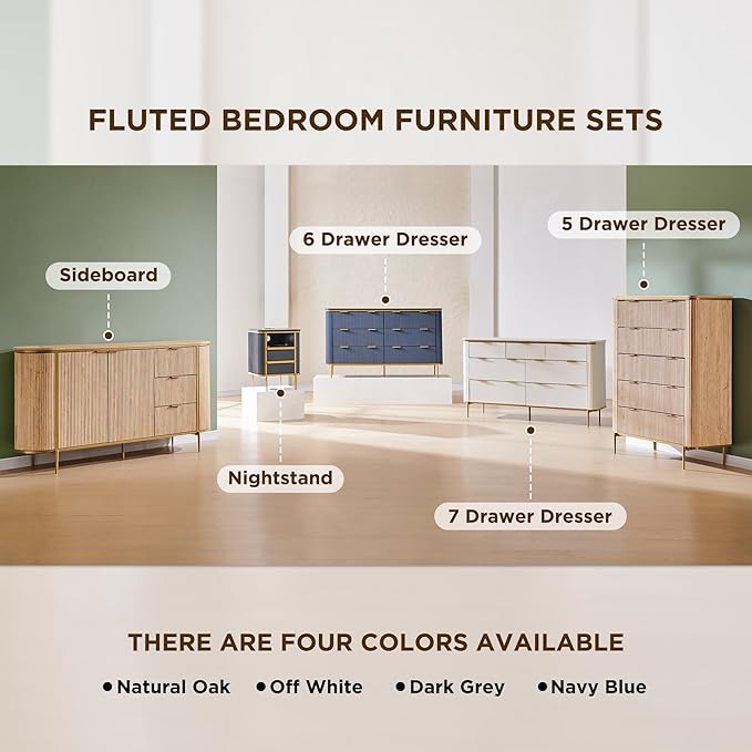 T4TREAM Fluted 5 Drawers Dresser for Bedroom, 48" Tall Modern Dresser Chest of Drawers, Gold Accents, Fluted Fronts, Wood Storage Dressers Organizer for Bedroom, Living Room, Natural Oak