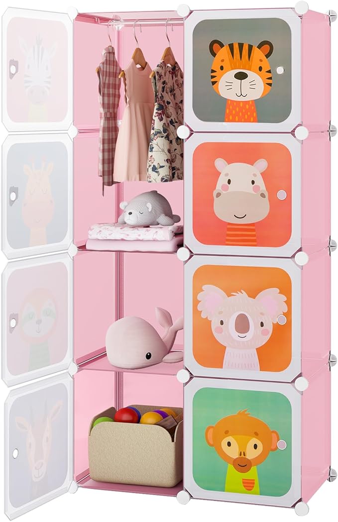 Costzon Kids Closet, Cartoon DIY Modular Dresser Storage Organizer with 8 Cubes & Clothes Hanging Rack, Portable Armoire for Baby Toddlers, Kids Wardrobe for Bedroom Nursery, Pink