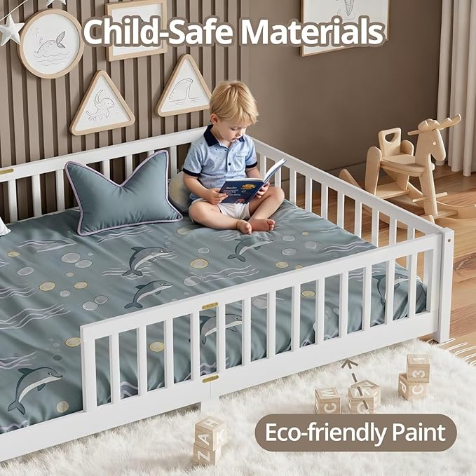 LLS Queen Floor Bed for Kids Toddlers, Solid Wood Multifunctional Montessori Bed Frame with Safety Guardrails, Without Door, Easy Assemble,White